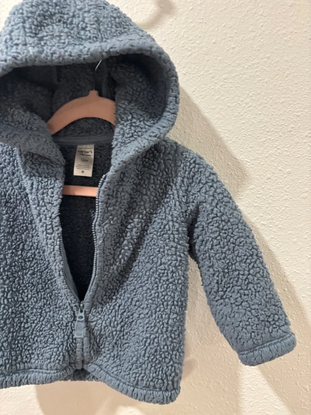 Hooded blue-gray Carter's sherpa fleece baby jacket featuring full front zipper